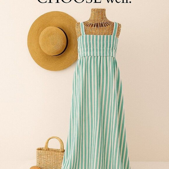 Green & White Striped Sleeveless Maxi Dress With Elastic Waist & Square Neckline - Picture 5 of 14